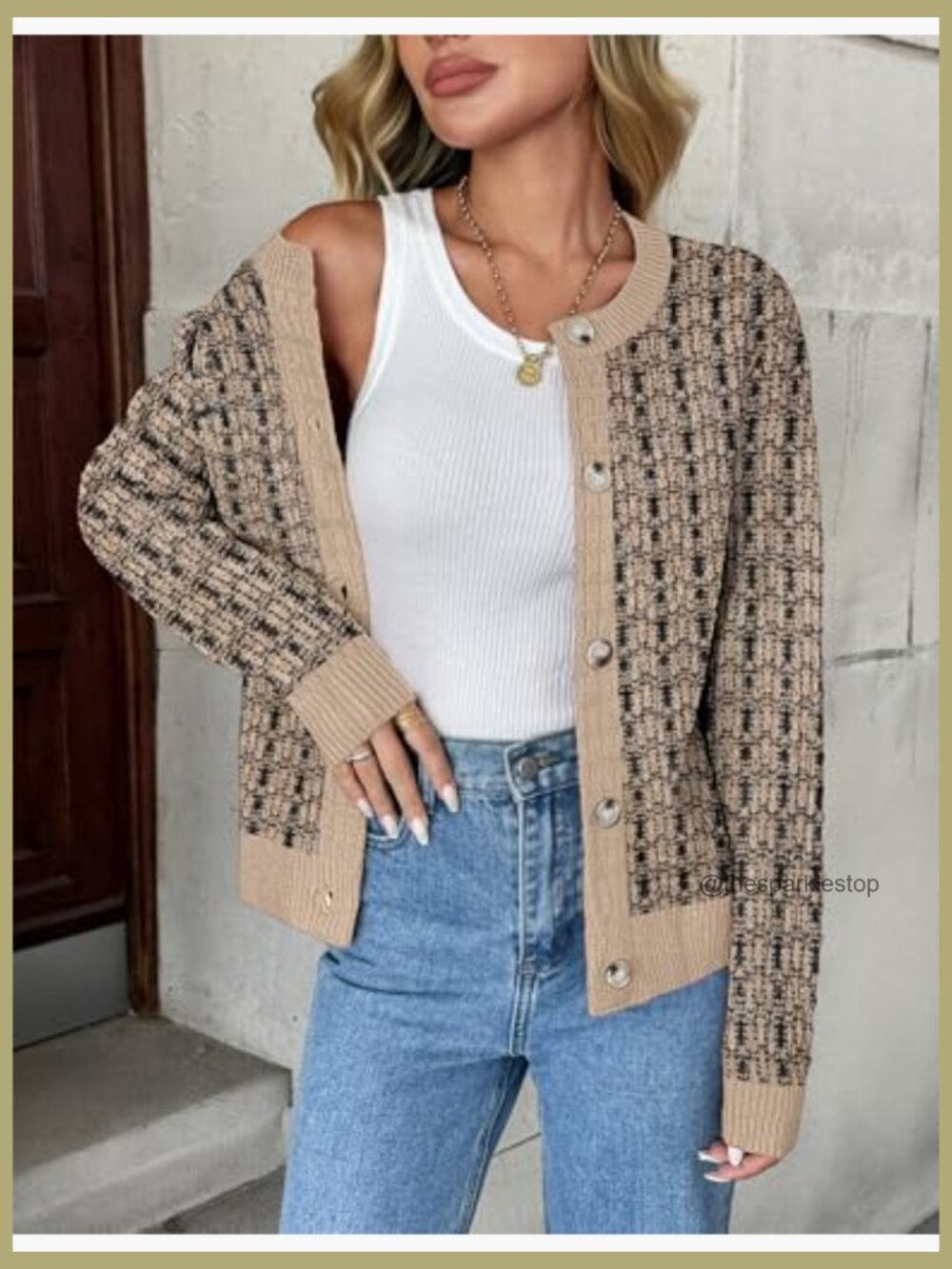 Button Down Crew Neck Open Front Long Sleeve Knit Cropped Cardigan Jacket - Picture 3 of 7